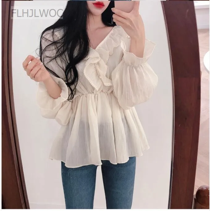 Cute Chic Tops Women Preppy Style Girls Korea Japanese Design Slim Waist Belly Peplum Tunic Ruffled Top Blouse Flhjlwoc Vestido