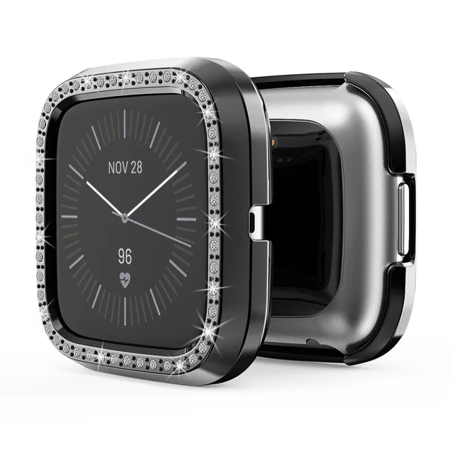 Bling Protector Case for Fitbit Versa 2 Women Girl Jewelry Crystal Diamond Watch Protection Bumper Cover for Fitbit Versa Lite black