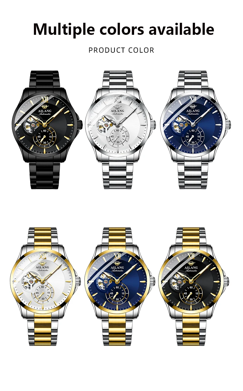 AILANG 2024 Fashion Blue Mechanical Watch For Men Stainless Steel Mens Watches Top Brand Luxury Automatic Skeleton Wristwatches_voghion.com