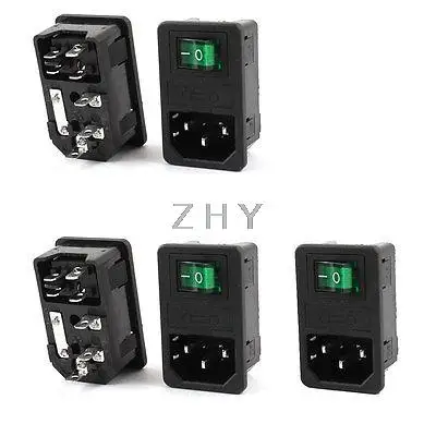 

AC 250V 10A IEC 320 C14 Inlet Socket w Fuse w Green Light Rocker Switch 5Pcs