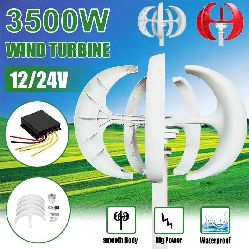 

3500W Wind Generator 5 Blades Generator 12/24V Lantern Wind Turbines Vertical Axis White Red Option +Controller For Home Camping