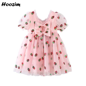 

Fashion Princess Embroidery Sequin Strawberry Back Bow Dress Girls 4-11 Years Summer Backless Tulle Lantern Sleeve Dresses Child