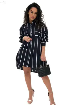 

Work Dress Spring Shirt Dress Turn Down Collar Full Sleeve Black White Striped Print Irregular Office Dress Loose Ladies Dresses