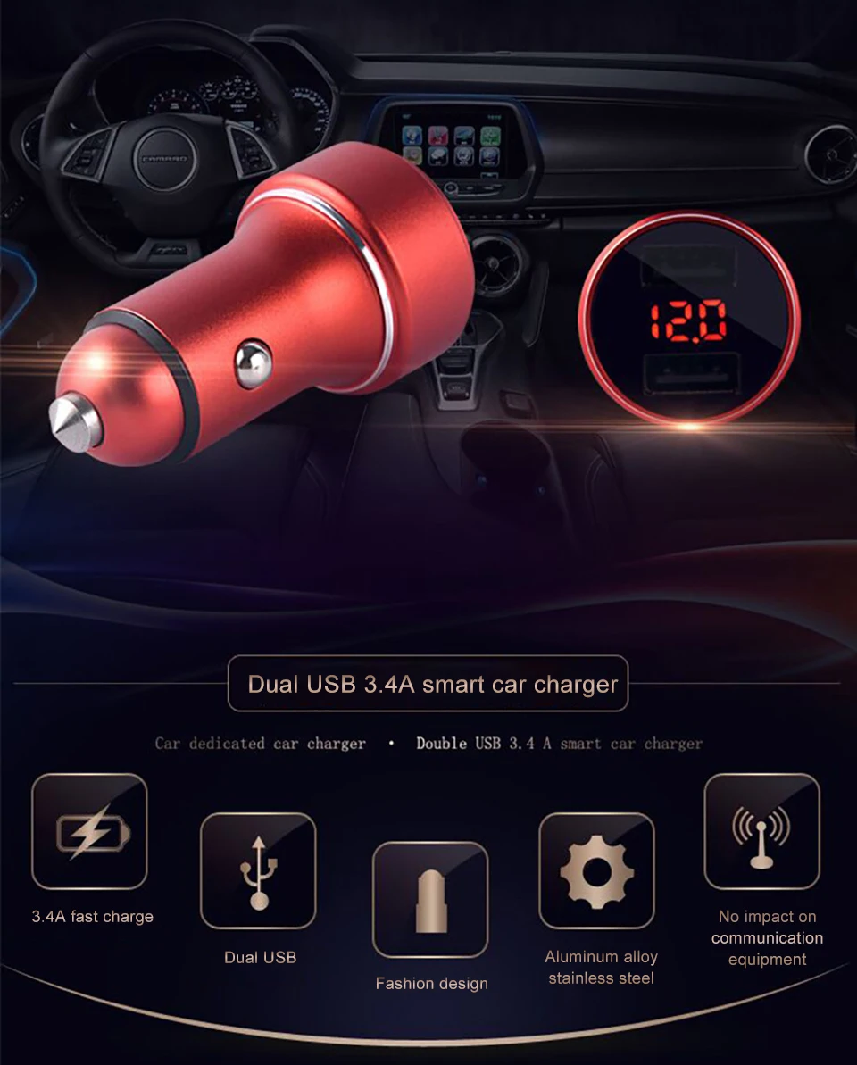 Aoshike 2-в-1 Quick Charge 3,4 автомобиля Зарядное устройство металлический молоток безопасности Dual USB Выход автомобильного зарядного устройства для мобильного телефона мини автомобильный телефон USB