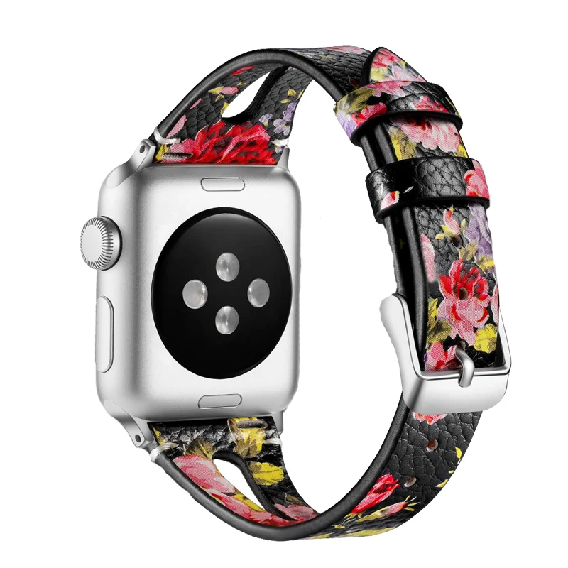 Ремешок кожаный для Apple Watch Band 38/40/44/42 мм тонкий дышащий браслет с цветочным