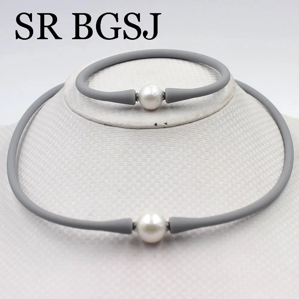 

Free Shipping Edision Cultured White Pearl Beads & Silicone Rubber Stretch Necklace Bracelet Women Jewelry Set 7.5inch 16.5inch