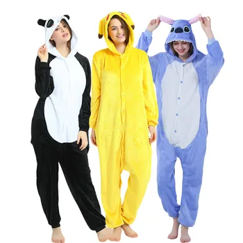 

Adults Animal Unicorn Pajamas Cartoon Stitch Panda Women Men Costume Winter Unisex Flannel Overalls Unicornio Sleepwear