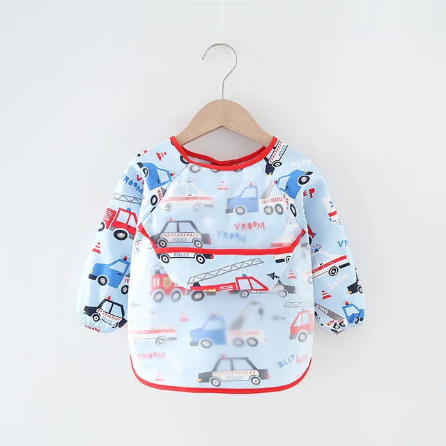 Baby Bib Waterproof Apron Long Sleeve Art Smock for Kids Baby Stuff Chest Protection Feeding Bibs blue car