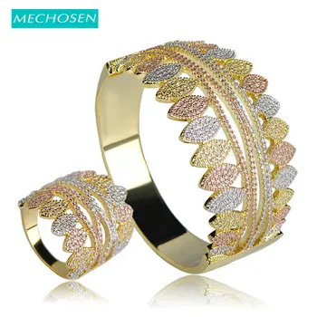 

MECHOSEN Luxury Nigerian Jewelry Set For Women Three Tones Plated Cubic Zirconia Big Bangles Ring Sets Wedding Pulseira Schmuck