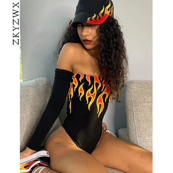 

ZKYZWX Flame Print Off Shoulder Long Sleeve Sexy Bodysuit Women 2020 Fashion Rave Festival Clothes Black Rompers Tops Body Mujer