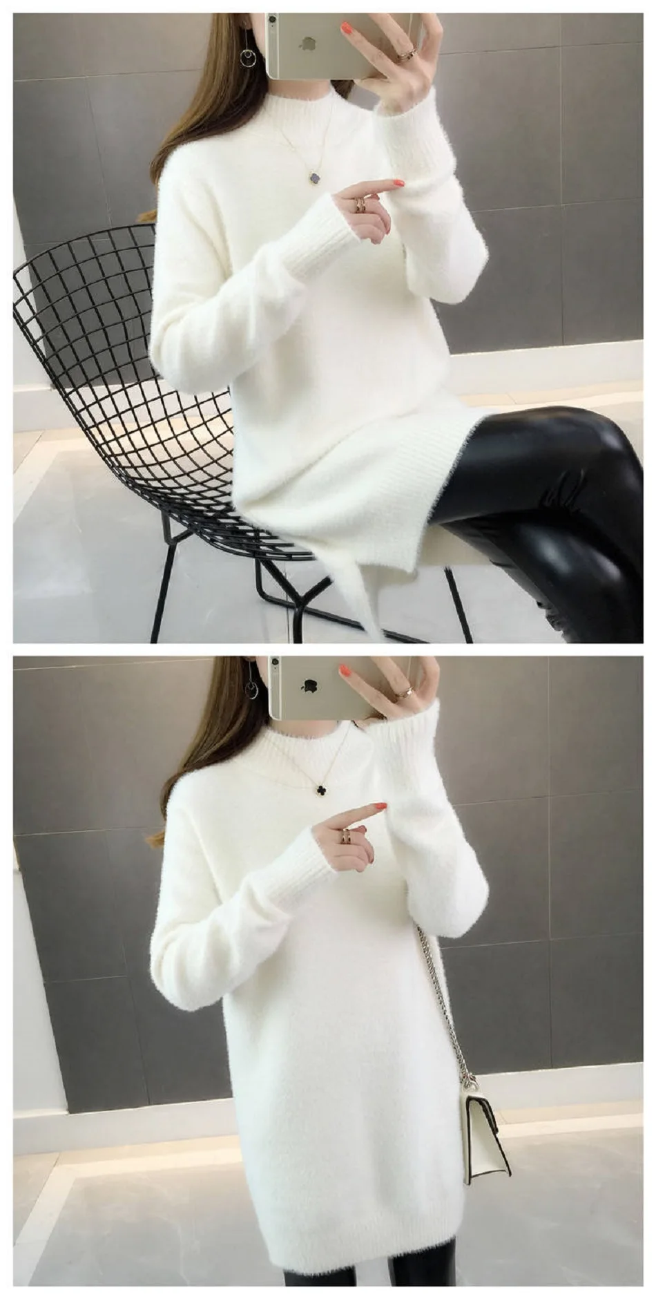 New Women's Sweater Thickening Water Velvet Sweater Female Loose New Warm Long Section High Collar Dottoming Sweater