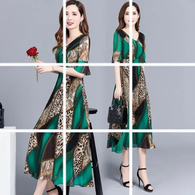 

Long-term WOMEN'S Dress Summer Fat Mm Elegant Mom Mid-length Ethnic-Style Floral Printed Dress 019