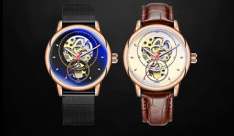 ORKINA, классические, розовое золото, ажурные часы, скелет, мужские механические наручные часы, Лидирующий бренд, роскошные, коричневые, натуральная кожа