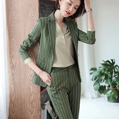 Green Pant Suits Модный женский Повседневный брючный костюм, Большой размер 5XL, зеленый розовый полосатый костюм, куртки и штаны, комплекты из 2 предметов, костюмы - Цвет: Green Pant Suits