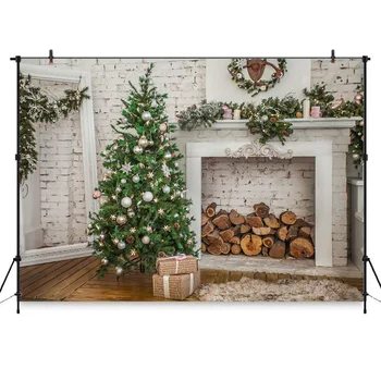 

Neoback Christmas Tree Photography Backdrop Brick Wall Backgrounds Fireplace Backdrops Decor Photocall Backdrop Photo Studio Banner