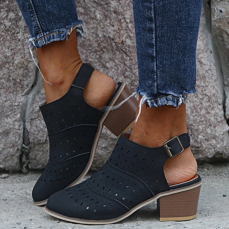 

Litthing New Women Sandals Summer Square Heel Leather Shoes Woman Casual Rome Sandalias Mujer High Heels Chaussures Femme Shoes