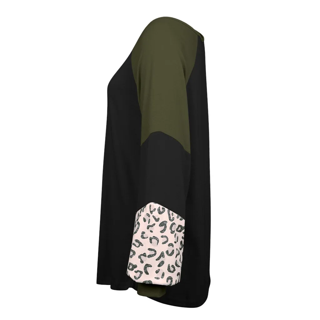 2019 ladies leopard solid color stitching long-sleeved shirt sweater 
