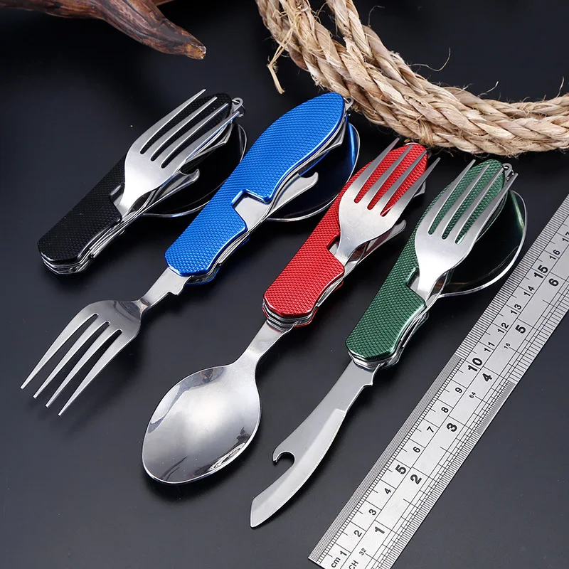 Portátil multi herramienta cubiertos multiherramienta cubiertos utensilios de abrelatas de Botella doble tenedor-cuchara tenedor vajilla campamento, pícnic cuchara cuchillo