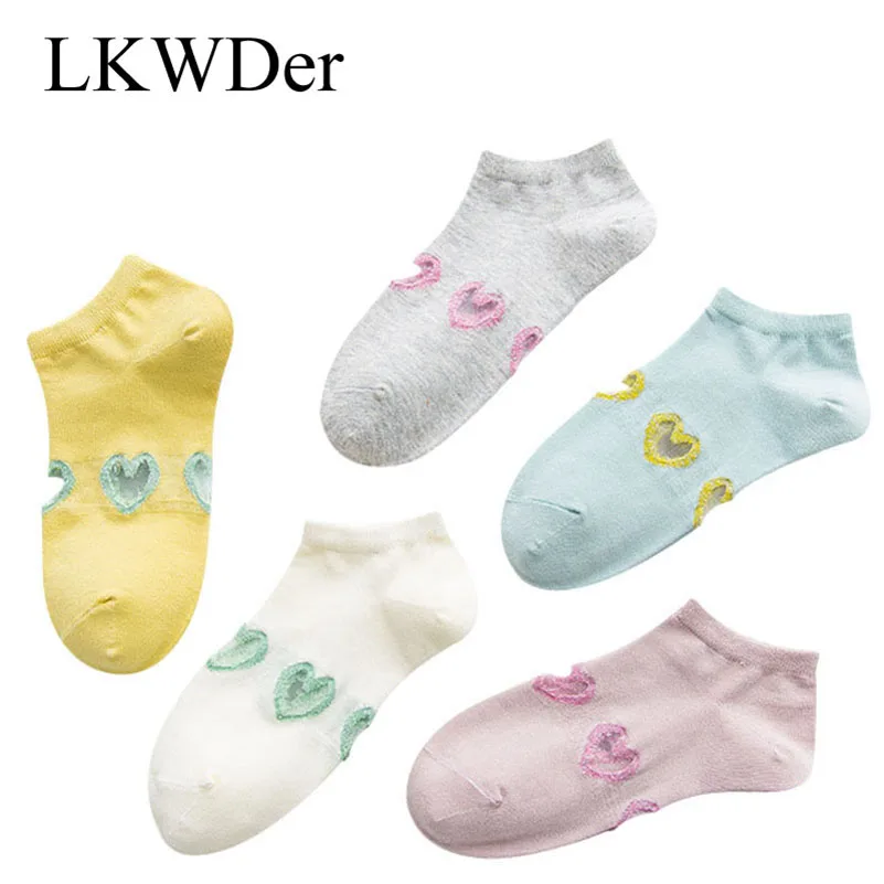 LKWDer, 5 пар, женские носки ярких цветов, весна-лето, хлопковые носки, короткие, женские, одноцветные, с вышивкой в виде сердца, носки-лодочки