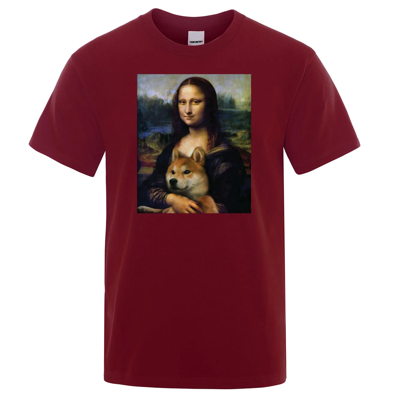 wine red 6 Mona Lisa shiba Inu Doge свободная Мужская футболка летняя футболка Фитнес Повседневная футболка с коротким рукавом Хлопок крутые топы для фитнеса - Цвет: wine red 6