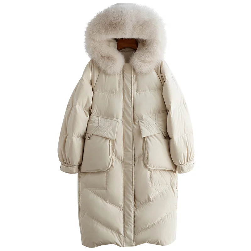 

New Fault Code Bai Yarong Down Jackets Overcoat Girls Long Even Hat Fox Hair Lead Loose Coat