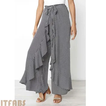 

2019 New Women Pants Elastic High Waist Harem Wide Leg Pants Ruffled Bow Striped Print Ethnic Baggy Trousers Loose