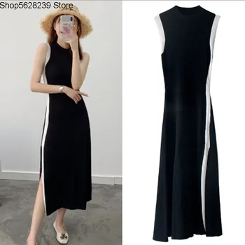 

Law Single M 19 Black And White Contrast Color Sleeveless Slim Fit Slim Temperament Split Knitting Long Money Dress