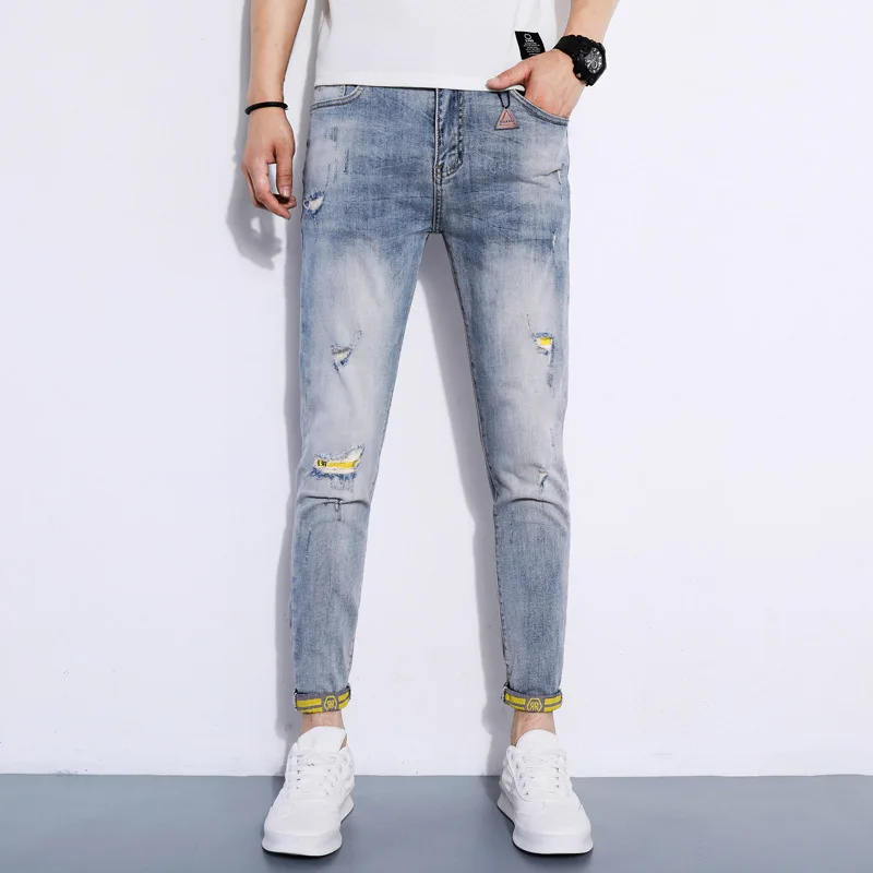 Men Ripped Patch Light Blue Jeans Korean Style Jean Slim Fit Stretch Denim Ankle-Length Pants 2020 Fashion Summer Trousers