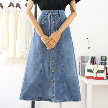 

2020 Plus Size Women Denim A-Line Skirts Lace Up Big Size 7XL Women Skirt For Waist 100cm Oversize Midi Skirts Saia Faldas