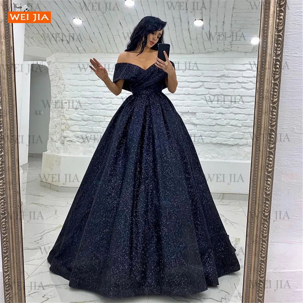 black evening dresses Simple Dark Navy Evening Dress 2021 Off The Shoulder Zipper Ball Gown vestido de noiva Night Reflective Dresses Women robe maria ball gown for women