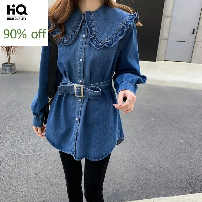 

Spring 2020 Long Sleeve Denim Shirt Women Student Design Sweet Ruffles Office Tops Blouses Elegant Single Breasted Camisas Mujer