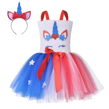 

Girls Princess Unicorn Tutu Dress American Kids July Fourth Independence Day Carnival Outfits Stars Summer Dress Girl Clothing