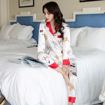 

Autumn Long Sleeve Long Pants Silk Pajama Set Turn-down Collar Nightgown Cute Print Sleepwear Long Pant Spring Nightsuit