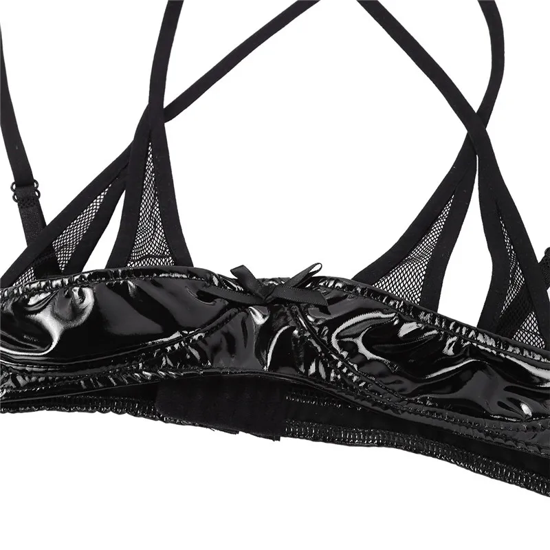 Женские прозрачные сетчатые чашки Wetlook женское белье из лакированной кожи Braltte Холтер шеи Спагетти ремни спереди крест полка бюстгальтер Топ