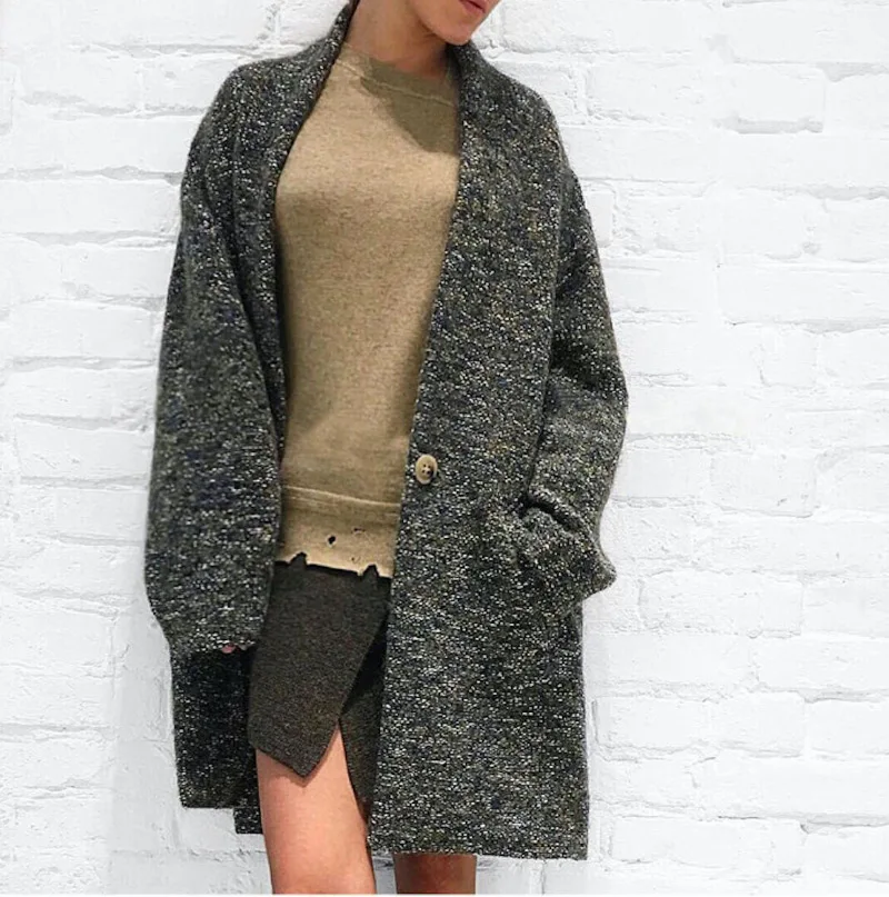 

Fall/Winter 2019 Women Stylish Warm Wool Blend Woolen Coat With One Button - Ladies Grey Long Sleeve Jacket Outerwear