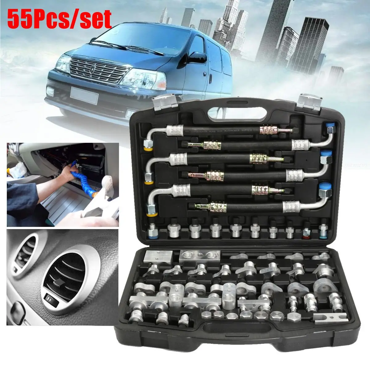 

55Pcs/set Aluminum Auto Air Conditioning Leak Test Kit Detection Tool for Car Truck Auto Excavator A/C Hoses Fittings Hnad Tool