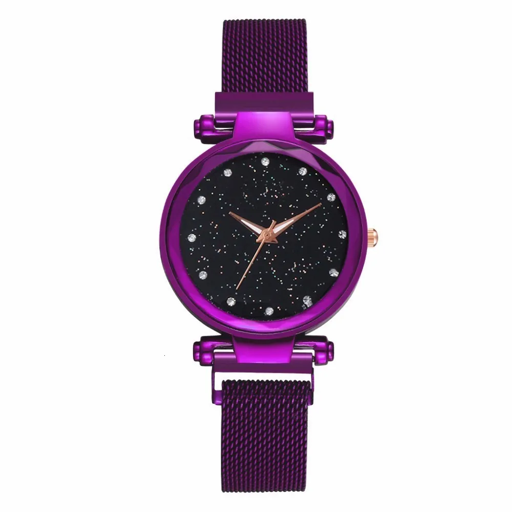 purple Роскошные часы звездного неба из нержавеющей стали с сетчатым браслетом для женщин, Кристальные Аналоговые кварцевые наручные часы, женские спортивные часы - Цвет: purple