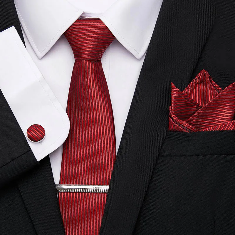 

Mens Tie Handkerchief Cufflinks Tie Clips Set New Jacquard Woven 100%Silk 7.5cm Striped Ties for Men Suit Business Wedding 12601