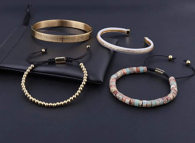 High Quality Luxury Cross Stainless Steel Bangle CZ Pave Charm Handmade Macrame Friendship Bracelet Set Men Jewelry Gift - Image 3