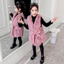 Новинка года; сезон осень-зима; стильная детская одежда для девочек; жилет средней длины из искусственного меха в Корейском стиле с бантом; детский теплый жилет