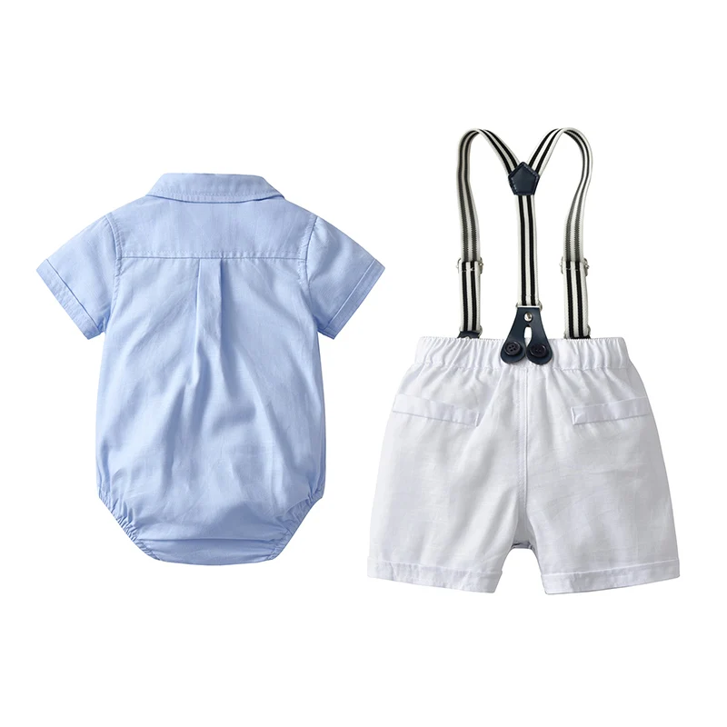 Newborn Boutique Clothes Set Baby Boys Summer Suit Sky Blue Rompers + Hat + White Shorts Formal Gentleman Birthday Clothing Sets - 3