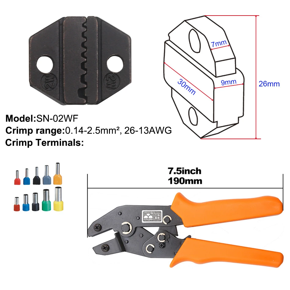 Трубка VE терминалы щипцы и сменные штампы для термоусадочного разъема провода обжимные инструменты трещотка 7 дюймов SN-16WF - Цвет: SN-02WF