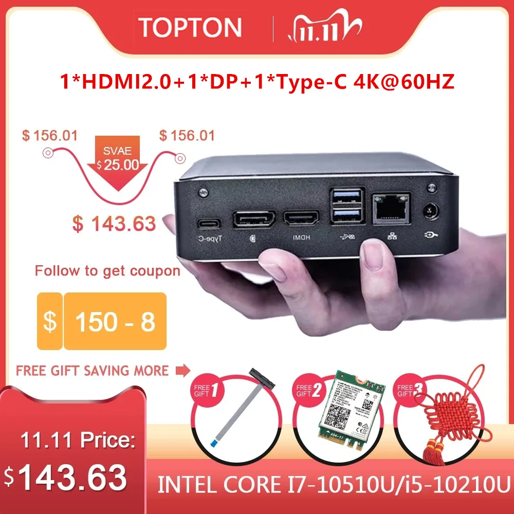 Topton Новый мини ПК Windows 10 Intel i7 10510U i5 10210U 2 * DDR4 M.2 Nuc портативный компьютер система