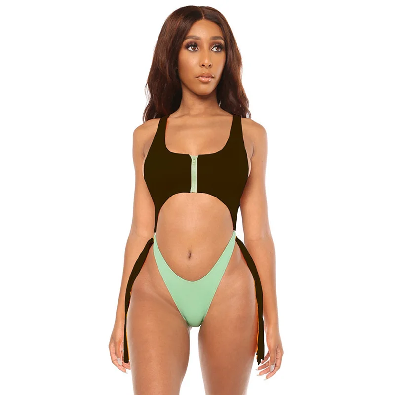 

TOP!-Women Swimwear Contrast Color Cut Out One Piece Swimsuit Female Tassel High waist Bathing Suit Swim Wear Lady Black & Green