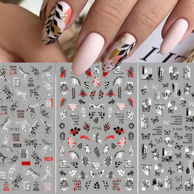 Black White Butterfly 3D Nails Sticker Geometry Decals Flower Gold DIY Decals Designs For Nail Art Manicures Decorations Salon