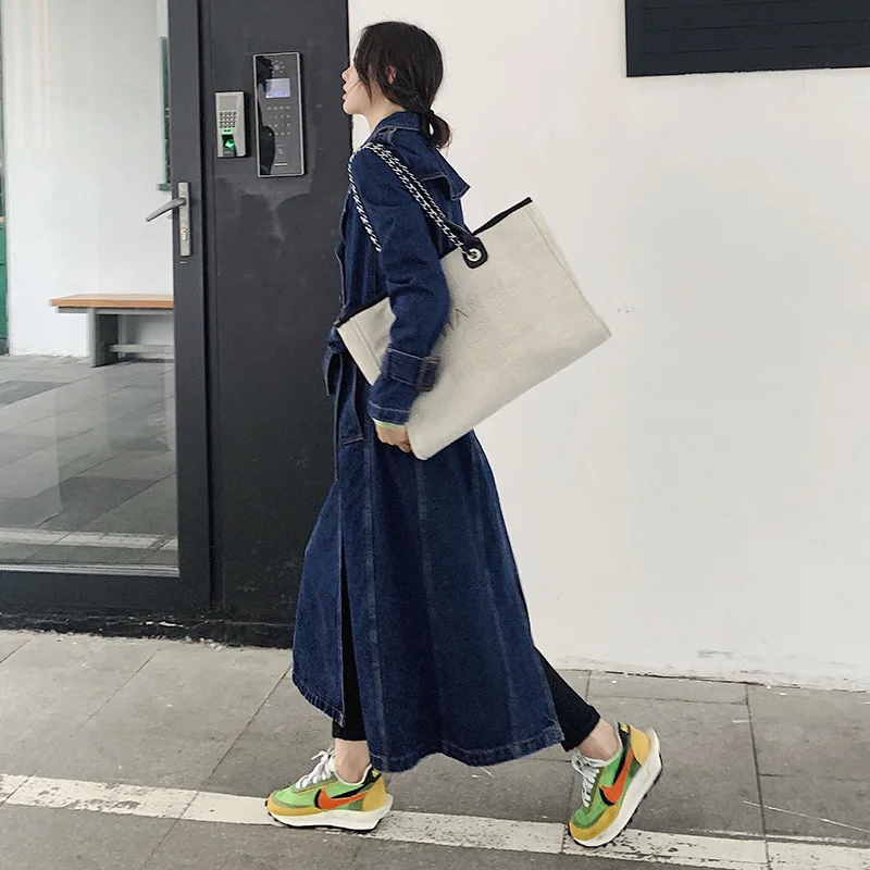 

Denim Windbreaker Women's 2020 Spring New Style over-the-Knee Long Korean-style Loose-Fit Versatile Single Breasted Coat Women's