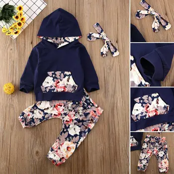 

CANIS Autumn Spring Infant Baby Girls Kids Floral Hood Long Sleeve Tops Pants Cotton Outfit Clothes Set 0-24M