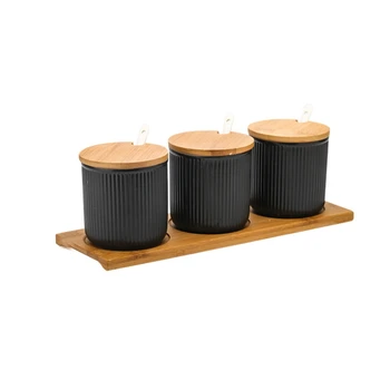 

Household Creative Japanese Glaze Ceramic Spice Jars Fashion Kitchen Seasoning Bottles Sets With Seal Cover Tray-Black