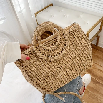 

Handmade Woven Round Women Shoulder Bag Bohemian Summer Straw Beach Handbag for Travel Shopping Female Tote Rattan Wicker Purse