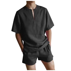 Novo algodão de linho camisas casuais para homens básico clássico verão casual sólido gola irregular topos camisas tamanho grande shorts terno